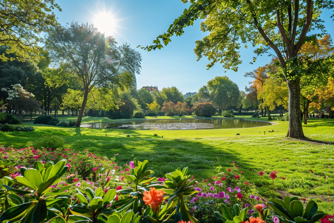 Vue panoramique d’un espace vert luxuriant à Niort incorporant des stratégies de développement durable et de dynamisation des parcs