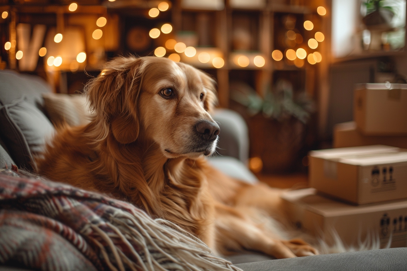 Vieux chien heureux se reposant dans sa nouvelle maison à NIORT après un déménagement paisible