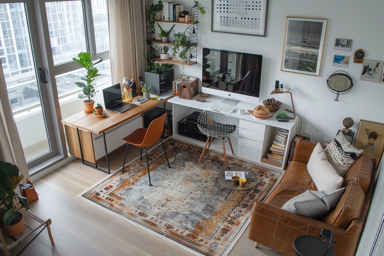 Intérieur moderne avec espace bureau et salon.